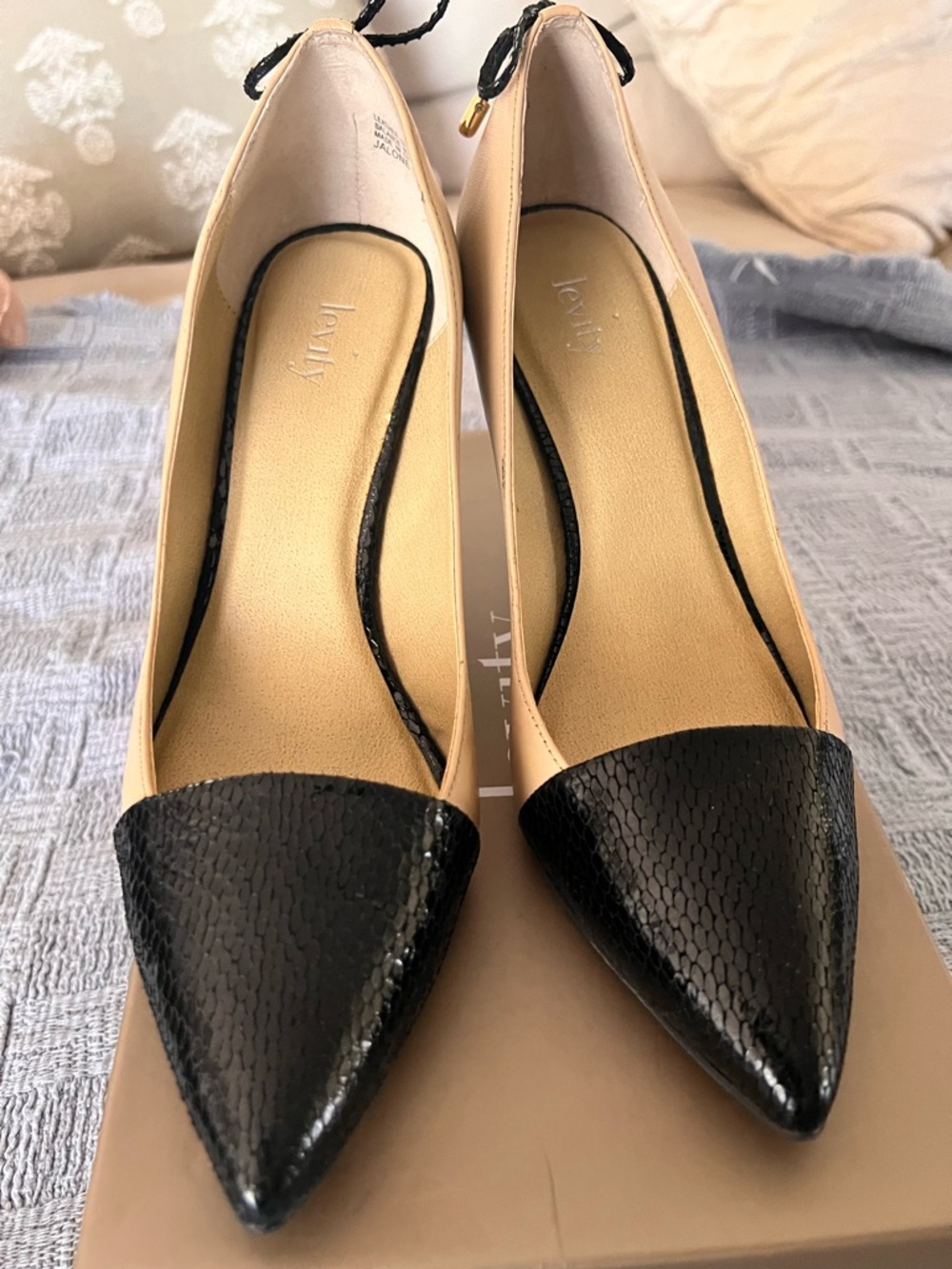 levity Two-Tone Pointed Toe Pumps in Beige and Black